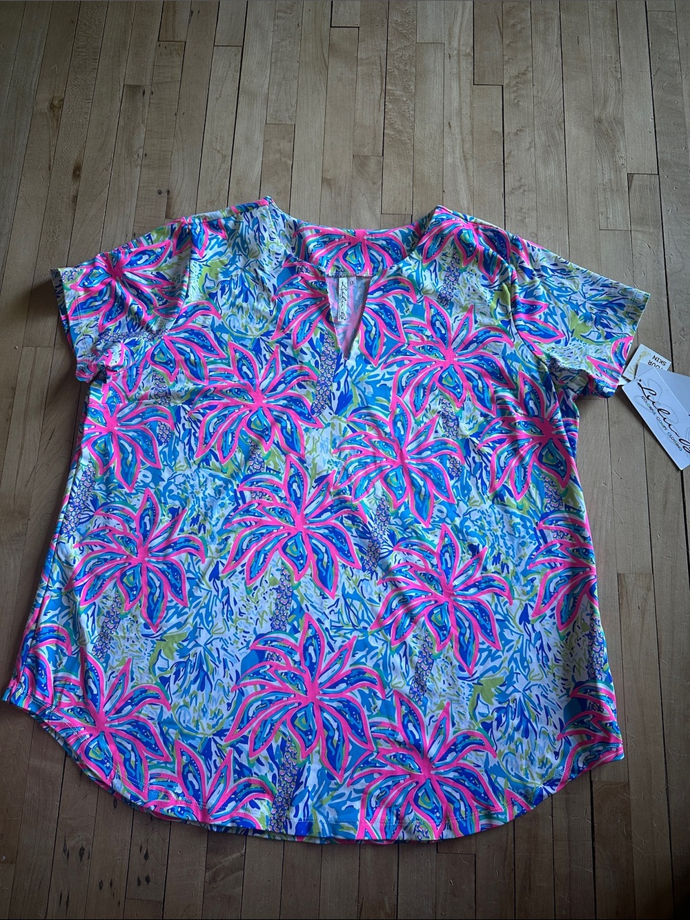 Lulu-B Neon Pink Blue Tropical Print Women’s Top